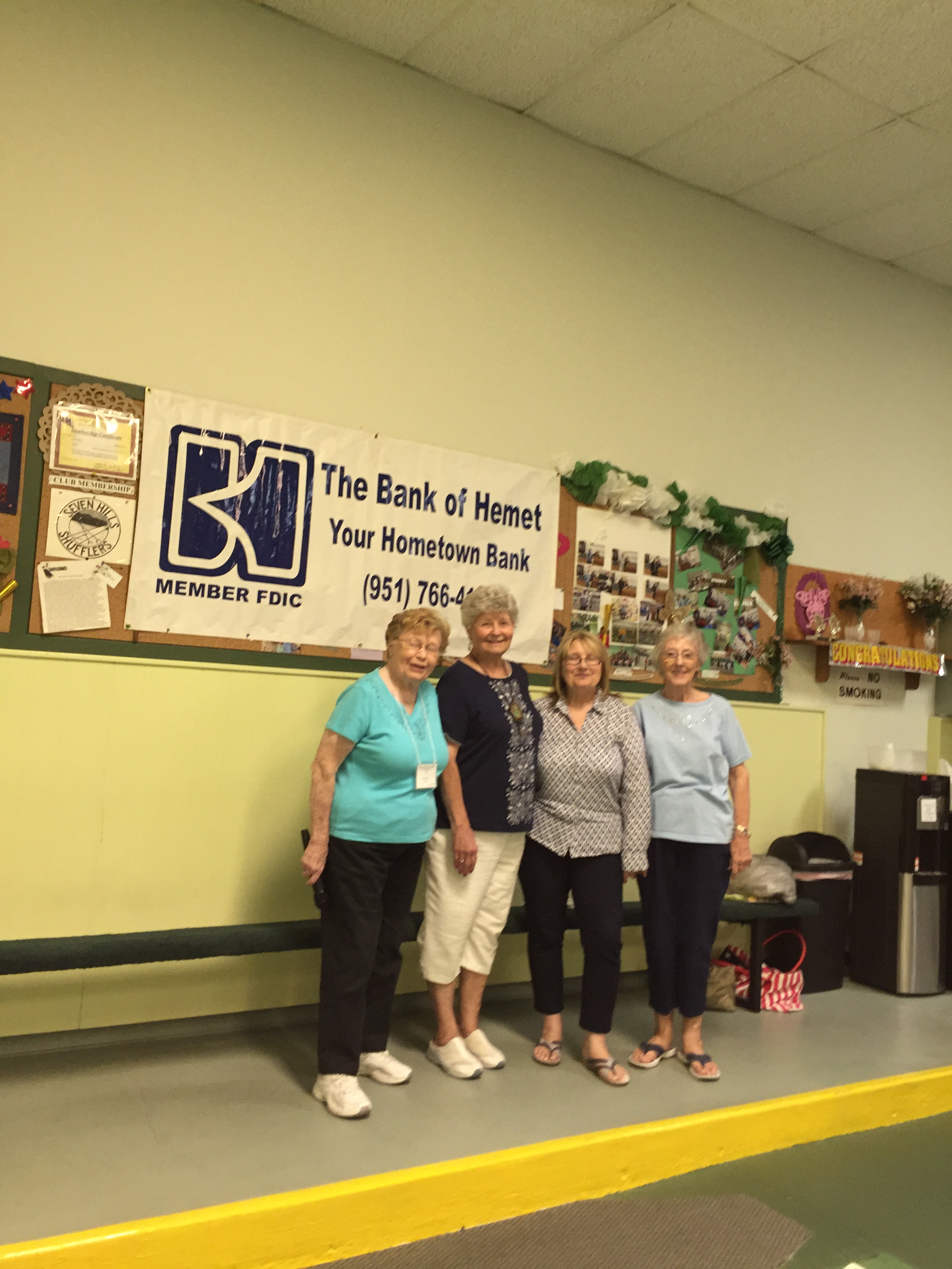 L-R Mary Davis, announcer, Sharyn DiChiro, D 7 Tournament Supervisor, Suzanne Shapiro, 7 Hills Pres.ATM, Ruby Best, Atm